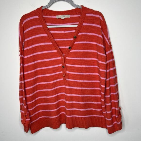 LOFT Sweater Womens XL Pink Striped Button Henley Knit Slouchy Beachy Summer - Picture 7 of 16